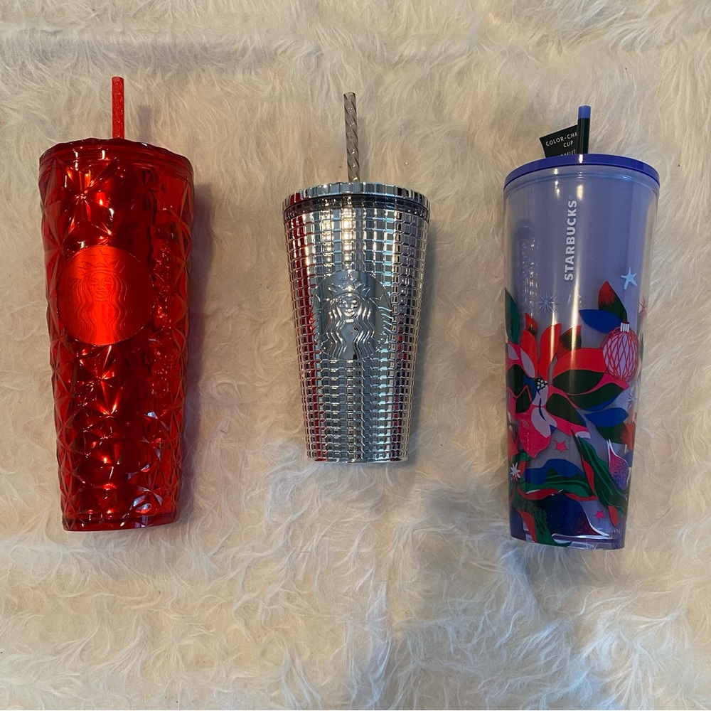 NWT 3 Starbucks Tumblers Red, Silver, and Multicolor color changing hard to find